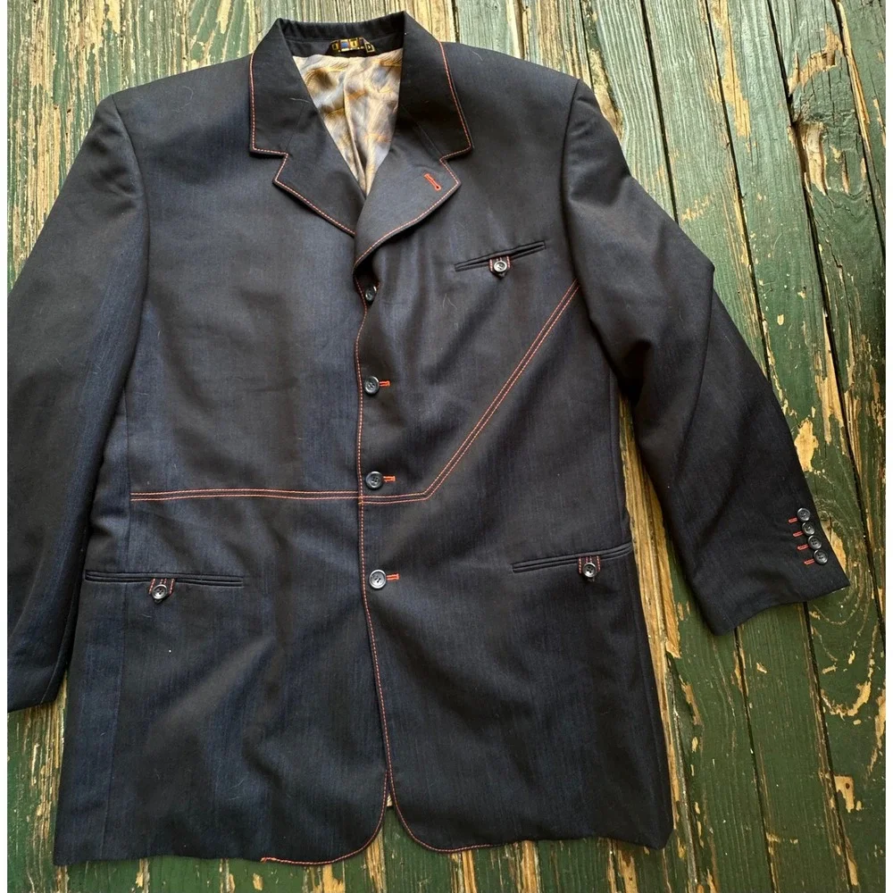 Mecca Mens Dark Indigo Blazer Contrast Orange Stitching Denim Style Jacket